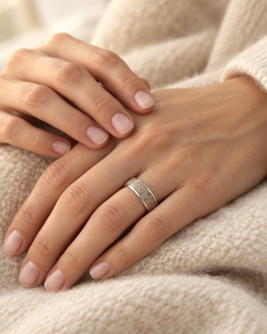 Anillo de banda con cenizas puesto en una mano sobre una manta de lana