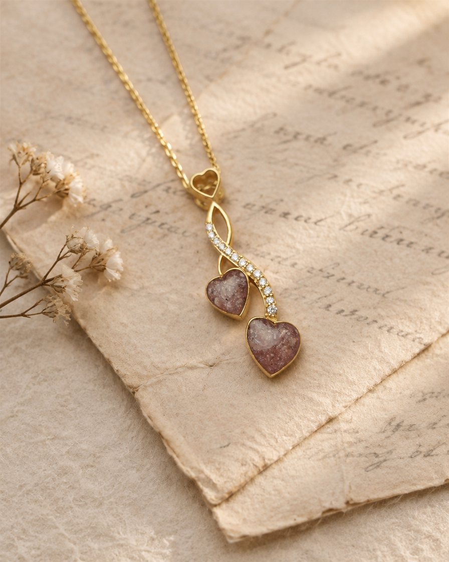 Colgante de dos corazones con cenizas sobre una carta antigua