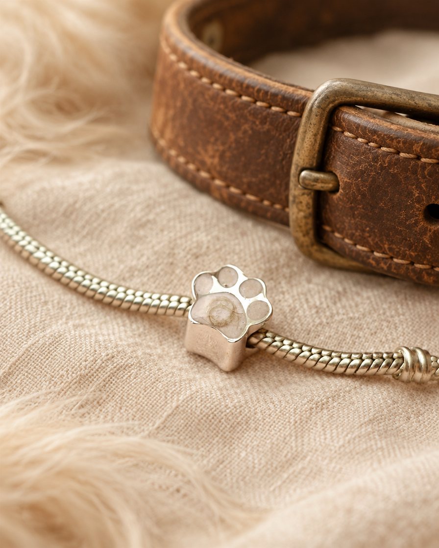 Abalorio con forma de huella en una pulsera, junto a un collar de perro de cuero