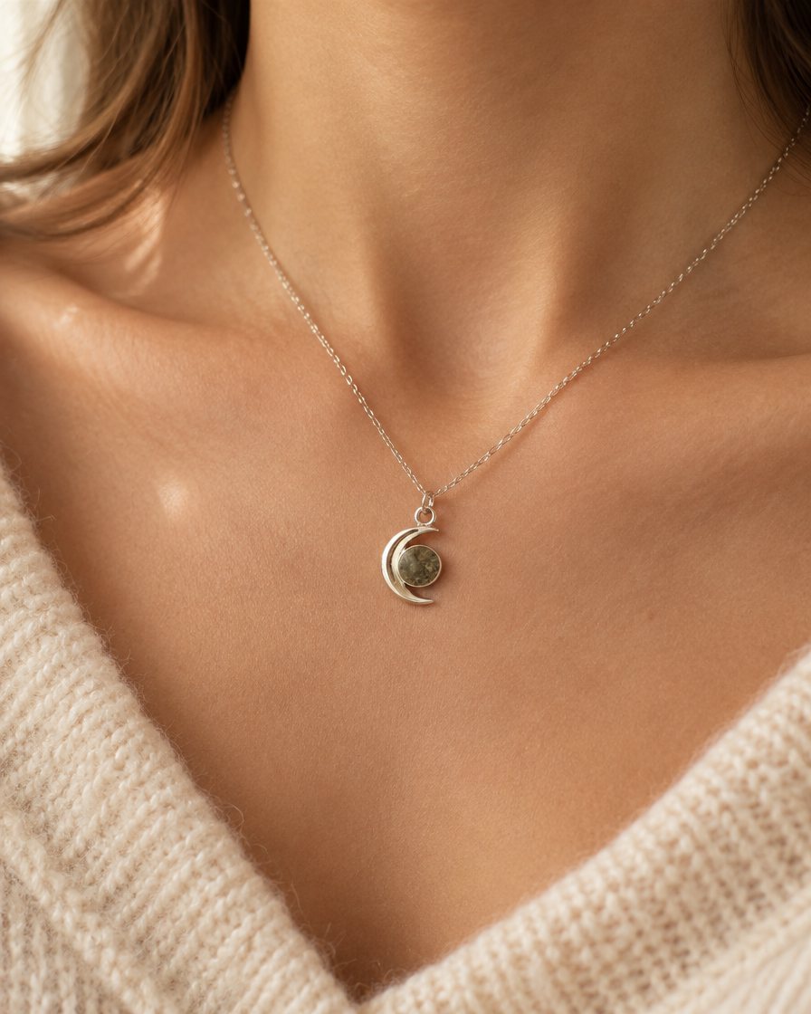 Colgante de luna con cenizas puesto sobre un jersey de punto crema