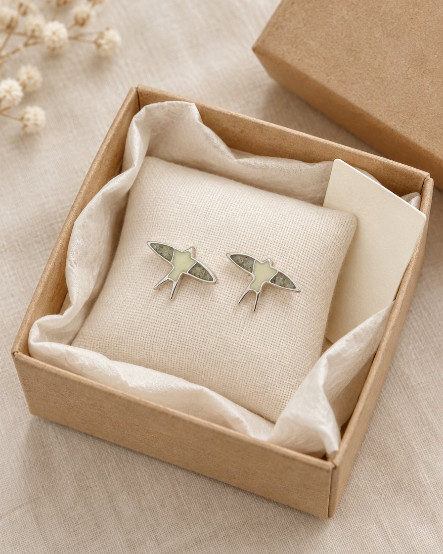 Pendientes de golondrina dentro de una cajita de cartón con papel de seda
